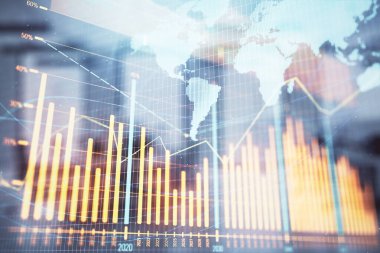 Stok ve tahvil piyasa grafik ve arka planda ticaret masası banka Ofisi İç ile dünya haritası. Çok pozlama. Uluslararası Finans konsepti