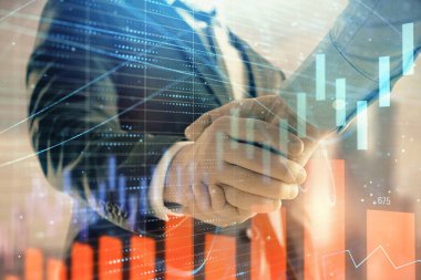 İki işadamı el sıkışması ile Cityscape arka planda mali grafik çift pozlama. Hisse senedi piyasası anlaşması kavramı