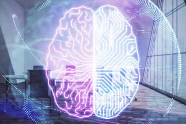 Double exposure of brain drawing hologram on conference room background. Concept of data analysis — Stock Photo, Image