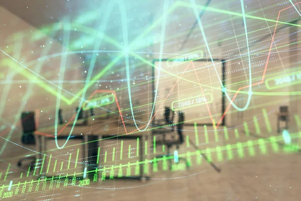 Stock market chart with trading desk bank office interior on background. Double exposure. Concept of financial analysis