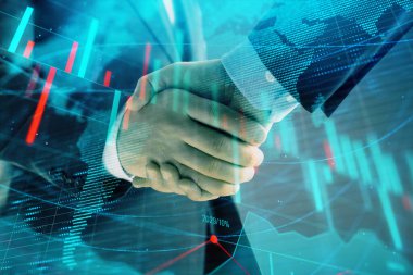İki işadamı el sıkışması ile soyut arka plan üzerinde Forex grafik ve Dünya Haritası Multi pozlama. Uluslararası pazarlarda başarı konsepti