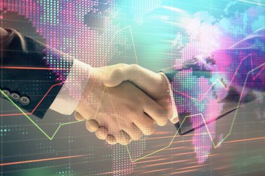 İki işadamı el sıkışması ile soyut arka plan üzerinde Forex grafik ve Dünya Haritası Multi pozlama. Uluslararası pazarlarda başarı konsepti