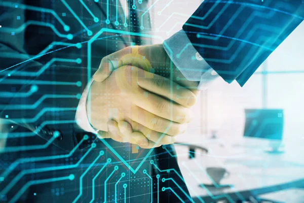 Double exposure of business theme drawing on office background with two businessmen handshake. Concept business — Stock Photo, Image