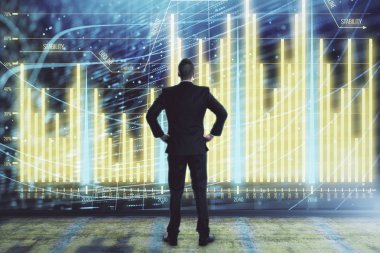 İşadamı ve forex grafik hologramı. Çifte pozlama. Finansal eğitim ve analiz kavramı