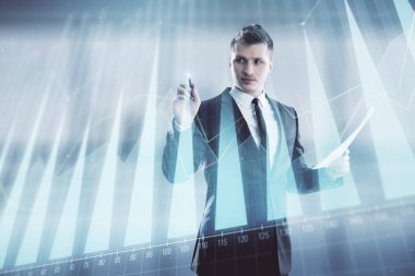 İşadamı ve forex grafik hologramı. Çifte pozlama. Finansal eğitim ve analiz kavramı