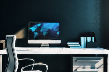 Bilgisayar ekranında dünya haritası ile Kabine masaüstü iç. Uluslararası piyasa ve ticaret kavramı. 3d render.