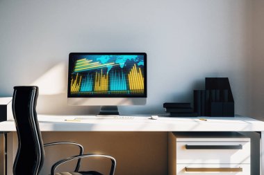 Bilgisayar ekranında Finans çizelgeleri ve dünya haritası ile kabine masaüstü iç. Uluslararası piyasa analizi ve ticaret kavramı. 3B işleme.