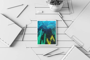 Dijital tablet çekim üst görünümü ile mali grafik ve kısmi Dünya Haritası ekranda. Online uluslararası ticaret uygulama kavramı. 3B işleme.