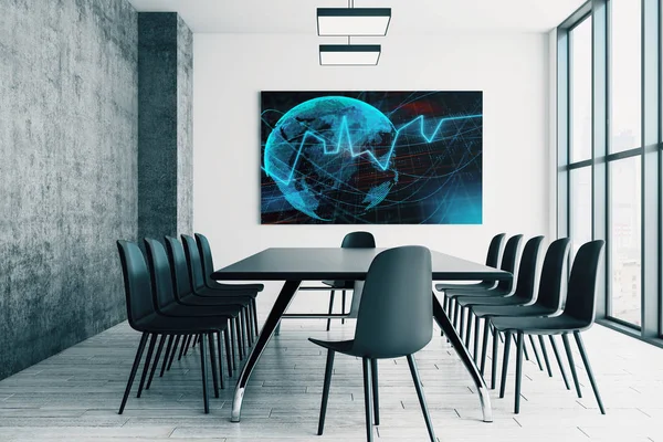 会议室内部，墙上的屏幕监视器上带有财务图表和世界地图。股票市场分析概念。3d 渲染. — 图库照片