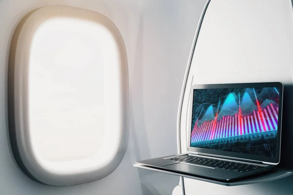 Laptop zbliżenie wewnątrz samolotu z wykresu Forex na ekranie. Koncepcja handlu na rynkach finansowych. Renderowanie 3D. — Zdjęcie stockowe