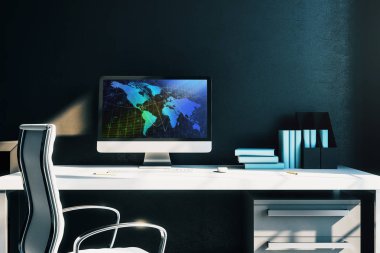 Bilgisayar ekranında dünya haritası ile Kabine masaüstü iç. Uluslararası piyasa ve ticaret kavramı. 3d render.