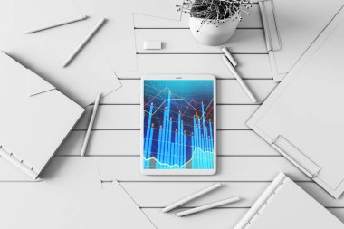 Dijital tablet ekranda mali grafik ile üst görünüm çekim. Online işlem uygulama konsepti. 3B işleme.