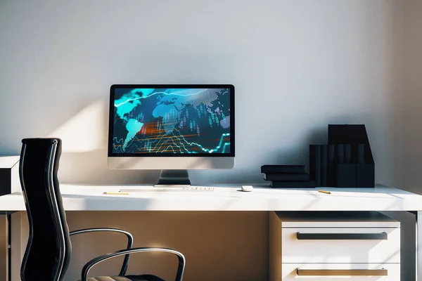 Interior de mesa do armário com gráficos financeiros e mapa do mundo na tela do computador. Conceito de análise de mercado internacional e negociação. Renderização 3d . — Fotografia de Stock