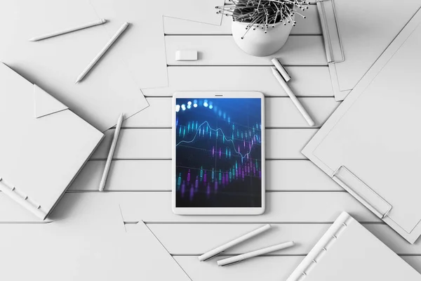 Digital tablet closeup top view with financial graph on screen. Online trading application concept. 3d rendering. — Stock Photo, Image