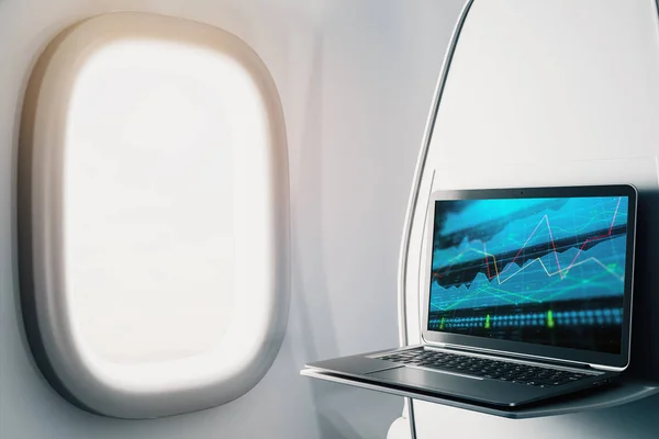 Laptop closeup inside airplane with forex graph on screen. Financial market trading concept. 3d rendering.