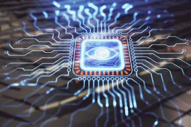 Teknik temalı hologram ve soyut arkaplan. Çifte maruziyet. Kavram teknolojisi
