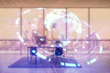 Dünya haritası hologramı ve minimalist kabine iç planı. Çifte maruziyet. Uluslararası iş kavramı.