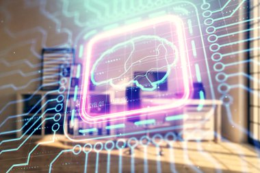 Minimalist dolap arka plan ile beyin işareti hologram. Çift pozlama. Ai kavramı.