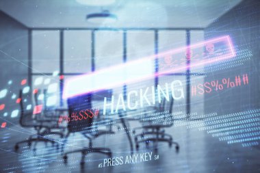 Konferans odası arka planda hack tema hologram çift pozlama. Siber korsanlık kavramı