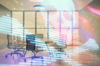 Konferans odası arka planda hack tema hologram çift pozlama. Siber korsanlık kavramı