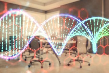 Konferans odasında arka planda DNA hologramının çift pozlama. Eğitim konsepti