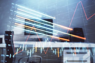 Hisse senedi piyasası grafik ve masaüstü ofis bilgisayar arka plan. Çok pozlama. Finansal analiz konsepti.