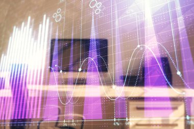 Hisse senedi piyasası grafik ve masaüstü ofis bilgisayar arka plan. Çok pozlama. Finansal analiz konsepti.