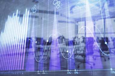 Arka planda ticaret masası banka Ofisi İç ile stok ve tahvil piyasa grafiği. Çok pozlama. Finansal analiz konsepti