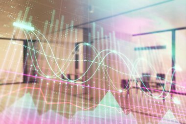 Arka planda ticaret masası banka Ofisi İç ile stok ve tahvil piyasa grafiği. Çok pozlama. Finansal analiz konsepti