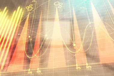 Ticaret masası banka ofisi iç arka planda stok piyasa şeması. Çift pozlama. Finansal analiz konsepti