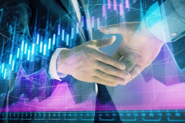 İki işadamı el sıkışması ile soyut arka planda Forex grafik Multi pozlama. Hisse senedi piyasasında başarı kavramı
