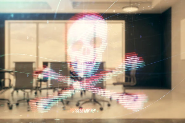 Dubbele blootstelling van hacking thema hologram op achtergrond conferentieruimte. Concept van Cyber piraterij — Stockfoto