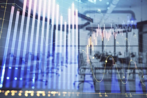 Stock och Bond Market Graph med Trading Desk bankkontor interiör på bakgrunden. Multiexponering. Begreppet finansiell analys — Stockfoto