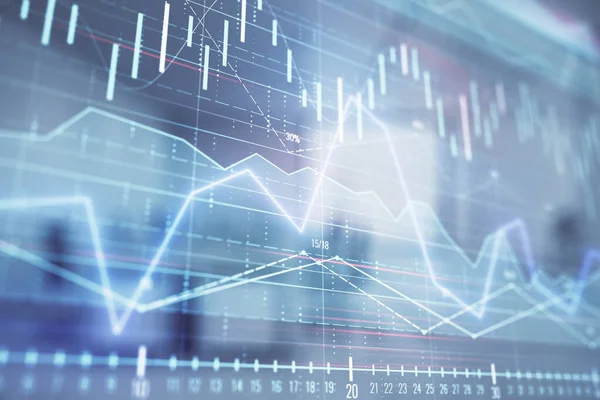 Gráfico do mercado de ações com mesa de negociação escritório do banco interior em segundo plano. Dupla exposição. Conceito de análise financeira — Fotografia de Stock