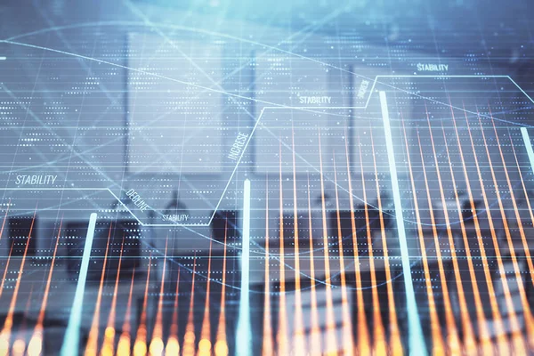 Börsdiagram med Trading Desk bankkontor interiör på bakgrunden. Dubbel exponering. Begreppet finansiell analys — Stockfoto