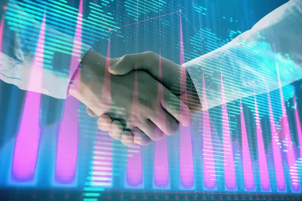 Multi exposure of forex graph and world map on abstract background with two businessmen handshake. Concept of success on international markets — Stock Photo, Image