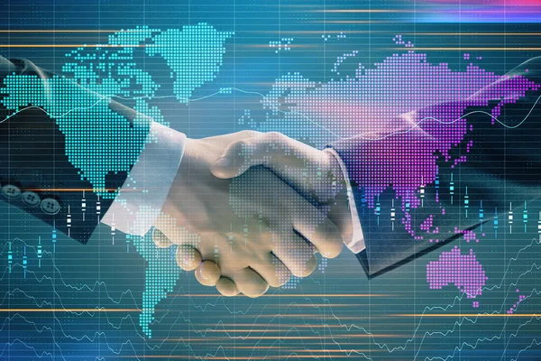 Multi exposure of forex graph and world map on abstract background with two businessmen handshake. Concept of success on international markets — Stock Photo, Image