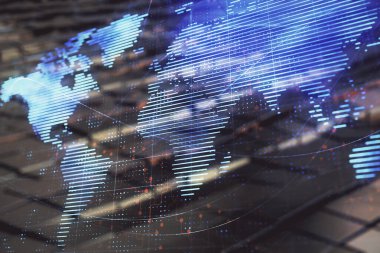 Dünya hologramı ve soyut arka plan. Çifte maruziyet. Uluslararası iş kavramı.