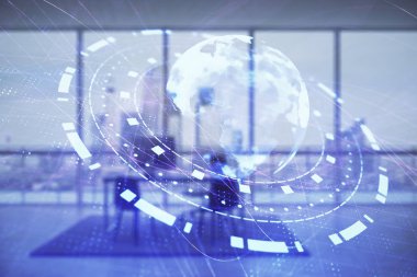 Dünya haritası hologramı ve minimalist kabine iç planı. Çifte maruziyet. Uluslararası iş kavramı.