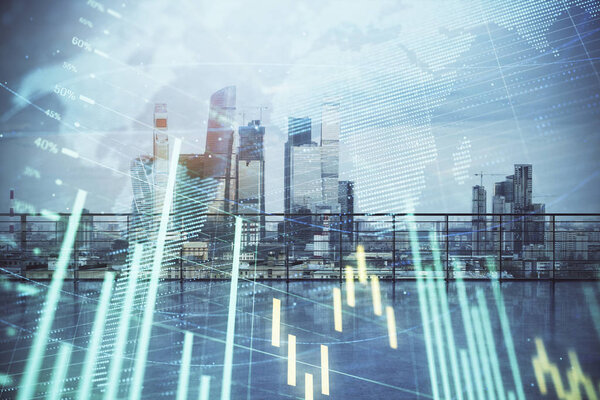 Forex graph with map hologram with city view from roof background. Double exposure. Financial analysis concept.