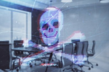 Konferans odası arka planda hack tema hologram çift pozlama. Siber korsanlık kavramı