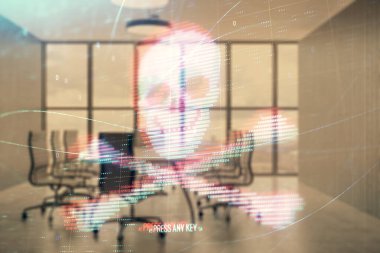 Konferans odası arka planda hack tema hologram çift pozlama. Siber korsanlık kavramı