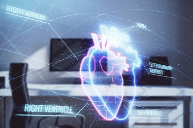 Masaüstü ofis arka plan ile kalp hologramı. Çifte pozlama. Tıp eğitimi kavramı