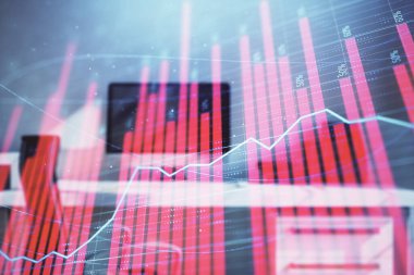 Hisse senedi piyasası grafik ve masaüstü ofis bilgisayar arka plan. Çok pozlama. Finansal analiz konsepti.