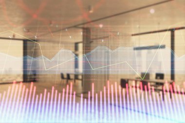 Arka planda ticaret masası banka Ofisi İç ile stok ve tahvil piyasa grafiği. Çok pozlama. Finansal analiz konsepti