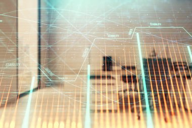 Ticaret masası banka ofisi iç arka planda stok piyasa şeması. Çift pozlama. Finansal analiz konsepti