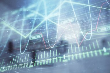 Ticaret masası banka ofisi iç arka planda stok piyasa şeması. Çift pozlama. Finansal analiz konsepti