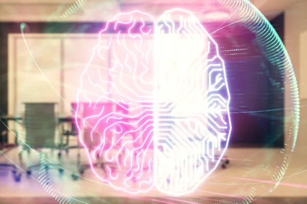 Double exposure of brain drawing hologram on conference room background. Concept of data analysis — Stock Photo, Image