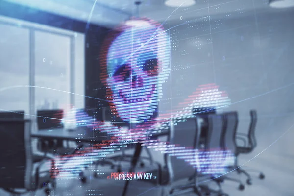 会議室の背景にテーマホログラムをハッキングの二重露出。サイバー海賊行為の概念 — ストック写真