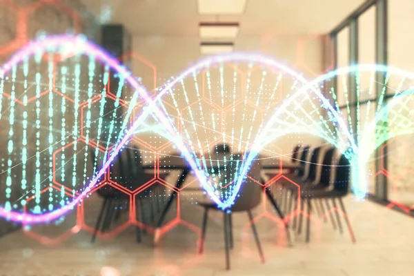 Doble exposición del holograma de ADN en el fondo de la sala de conferencias. Concepto de educación —  Fotos de Stock